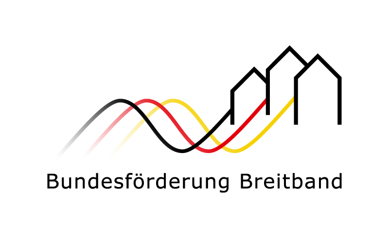 Logo Bundesförderung Breitband mit Häuserreihe aus an denen Glasfaser in Deutschland Farben angeschlossen sind 